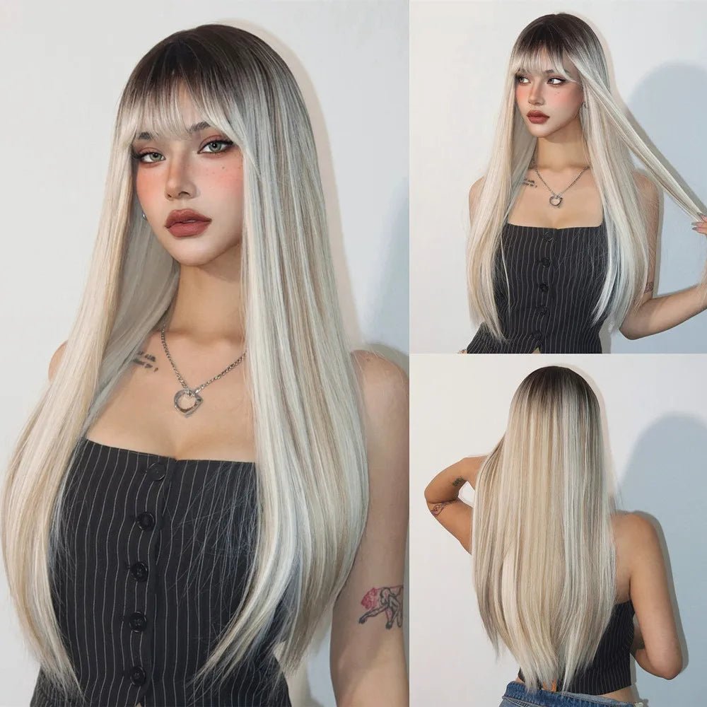 Light Brown Long Straight Wig with Bangs - HairNjoy