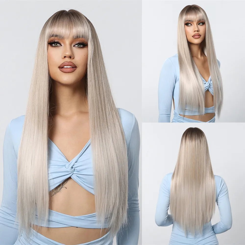 Light Brown Long Straight Wig with Bangs - HairNjoy