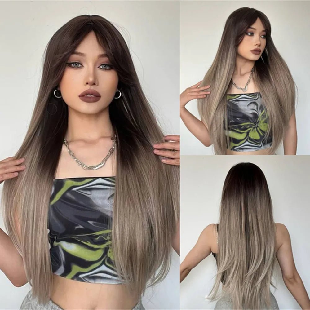 Light Brown Long Straight Wig with Bangs - HairNjoy