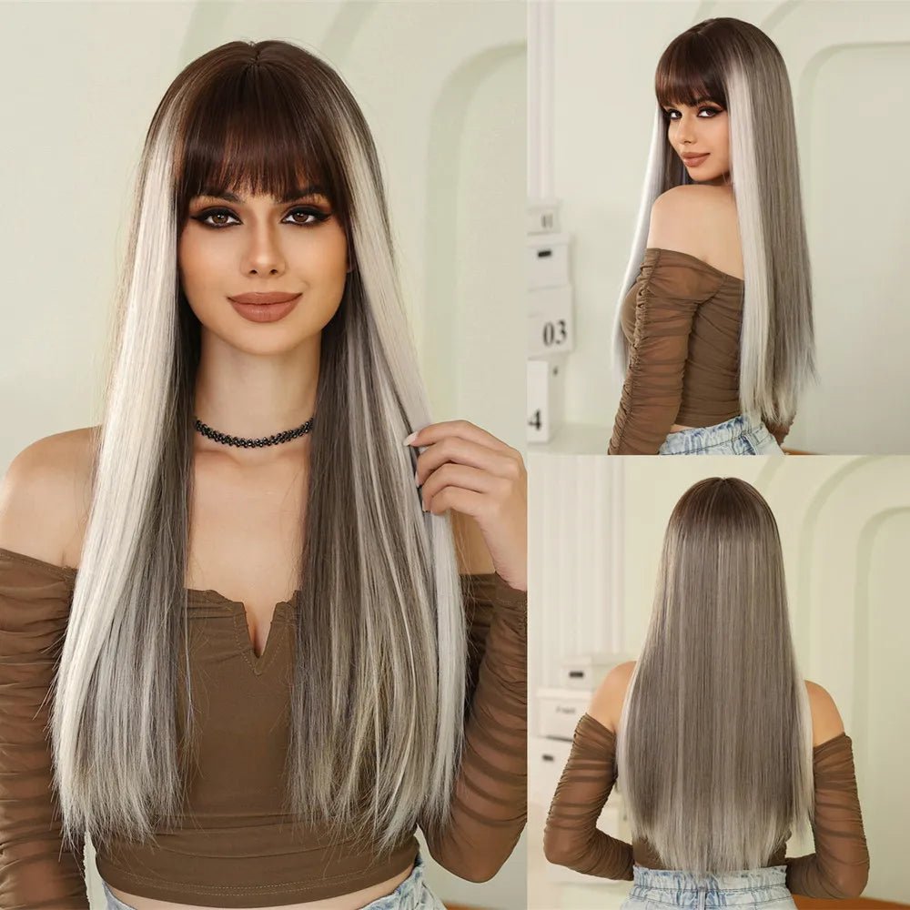 Light Brown Long Straight Wig with Bangs - HairNjoy