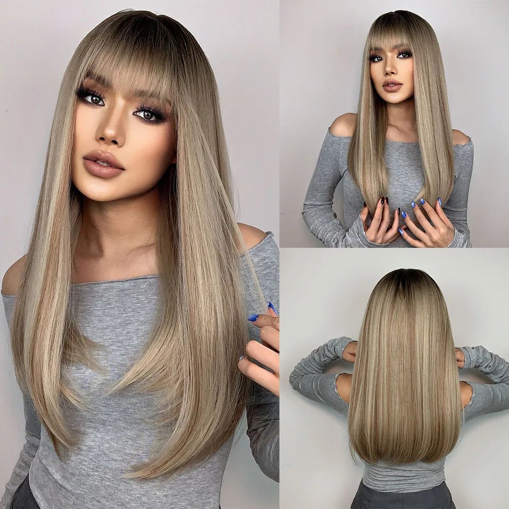Light Brown Long Straight Wig with Bangs - HairNjoy