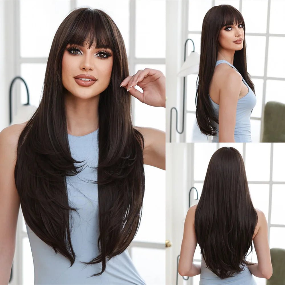 Light Brown Long Straight Wig with Bangs - HairNjoy