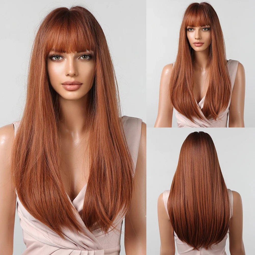 Light Brown Long Straight Wig with Bangs - HairNjoy