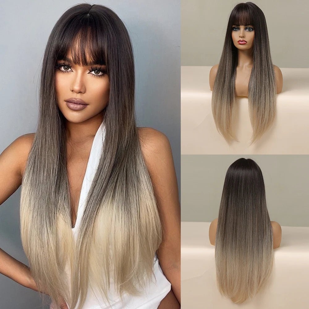 Light Brown Long Straight Wig with Bangs - HairNjoy