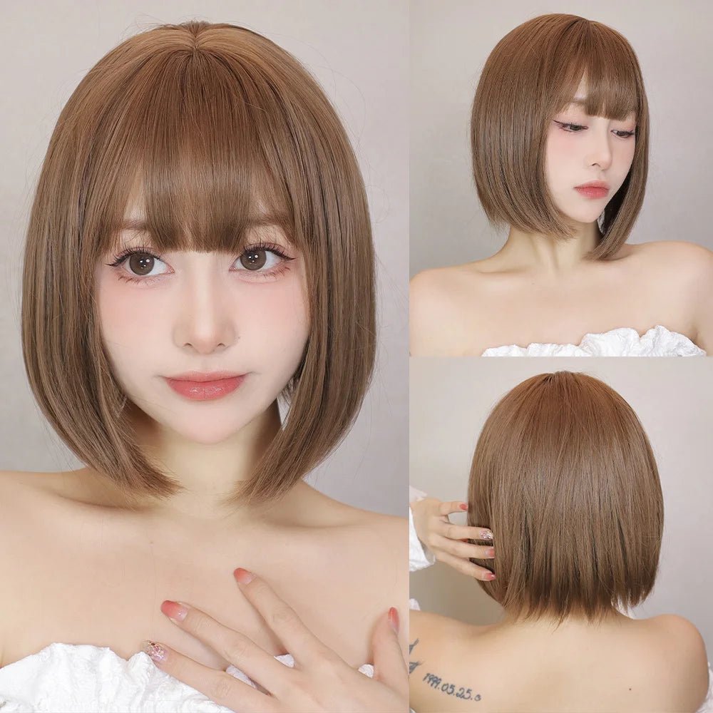 Light Brown Short Bob Cut with Bangs - HairNjoy