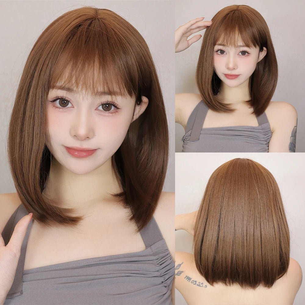 Light Brown Short Bob Cut with Bangs - HairNjoy
