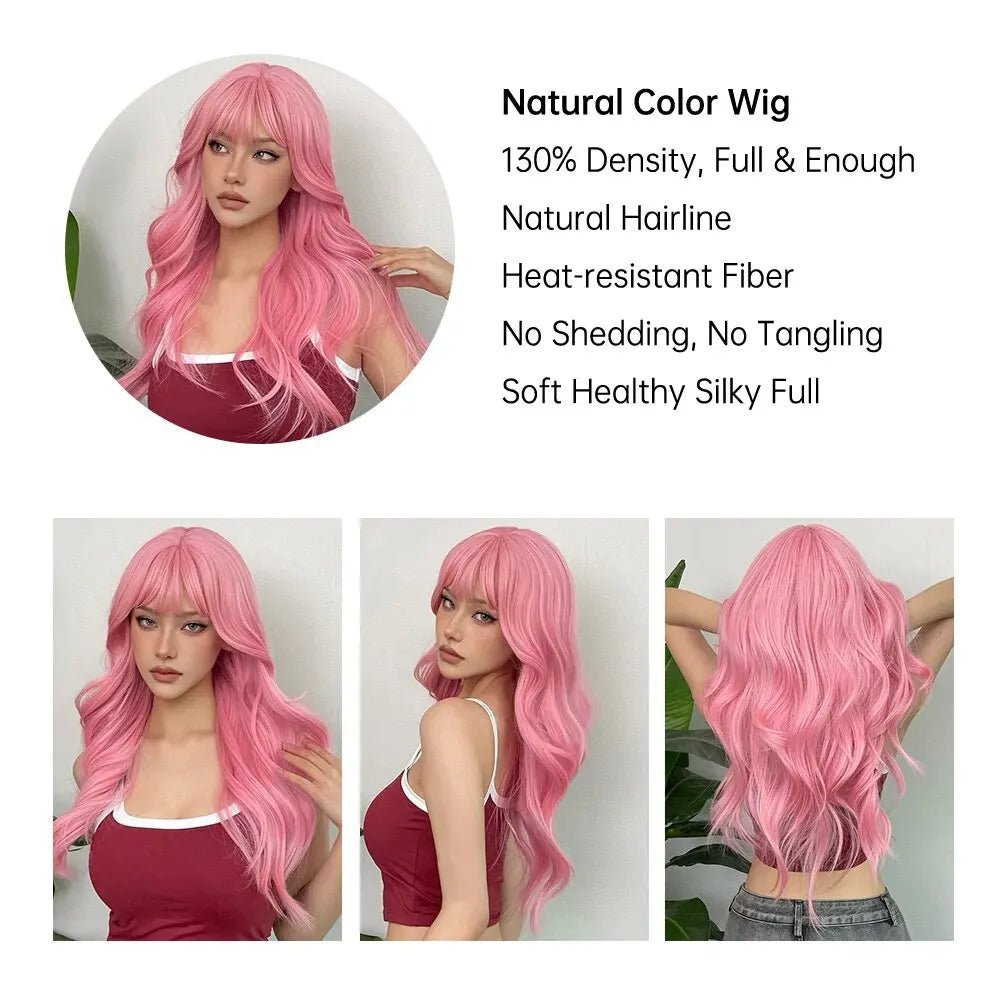 Light Pink Long Wavy Cosplay Wig with Bangs - HairNjoy