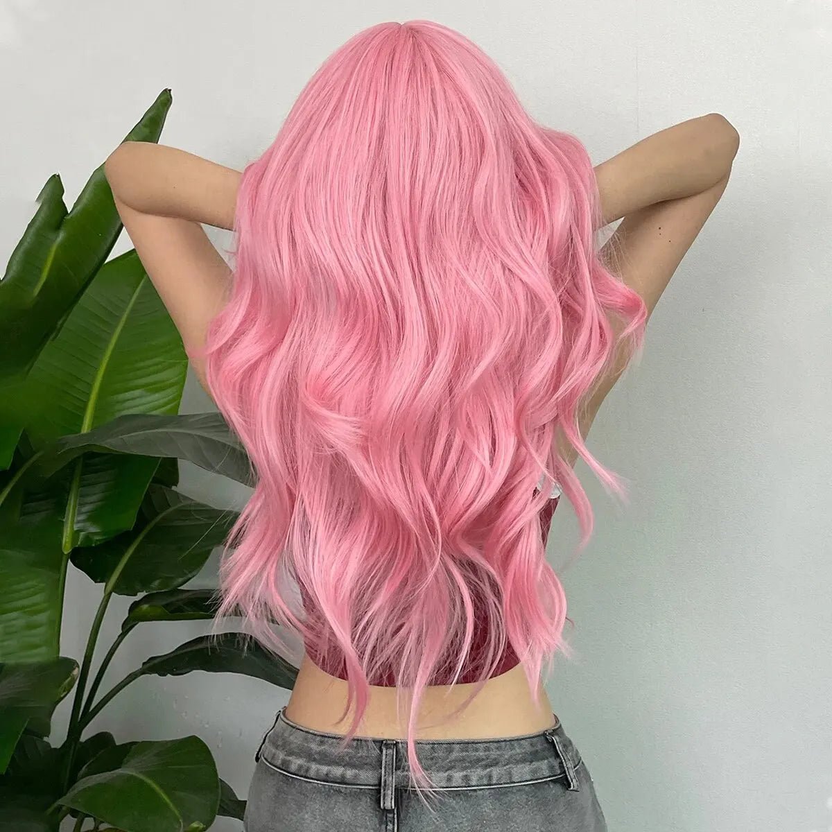 Light Pink Long Wavy Cosplay Wig with Bangs - HairNjoy