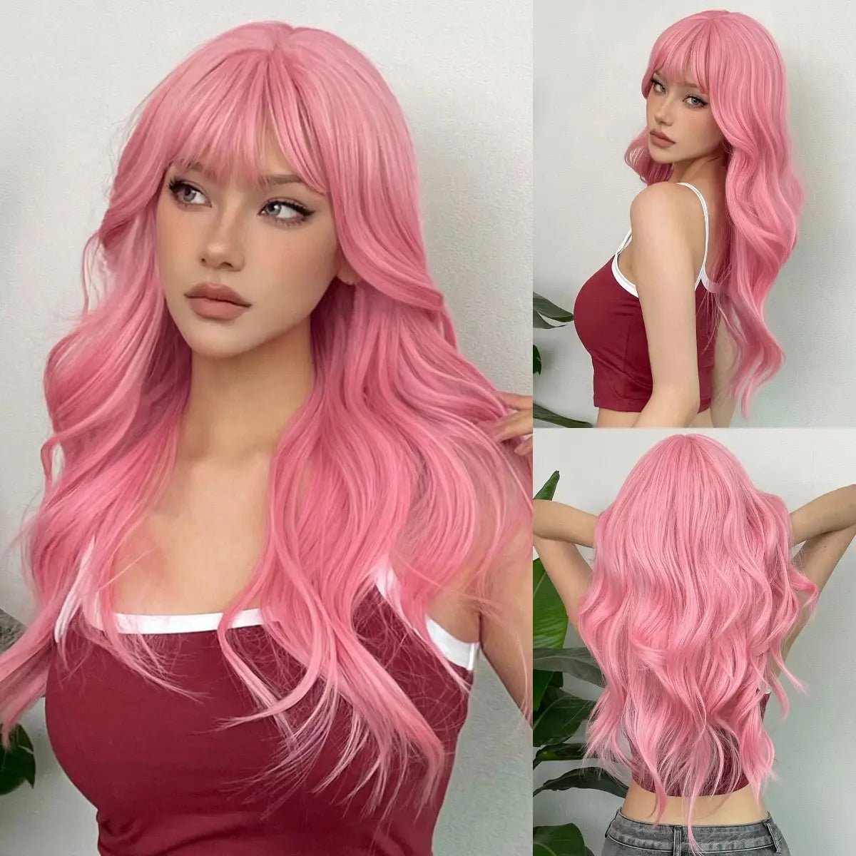 Light Pink Long Wavy Cosplay Wig with Bangs - HairNjoy