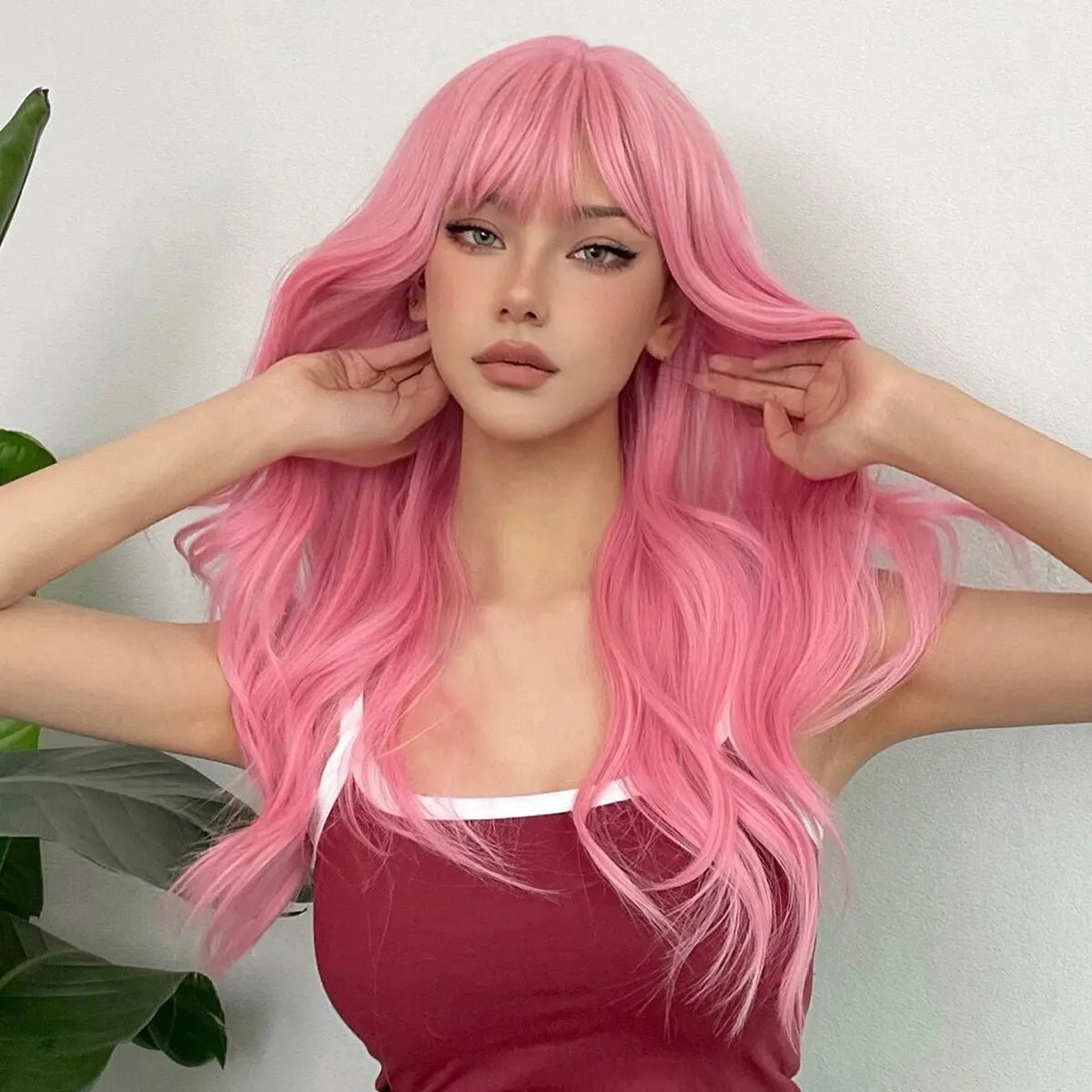 Light Pink Long Wavy Cosplay Wig with Bangs - HairNjoy
