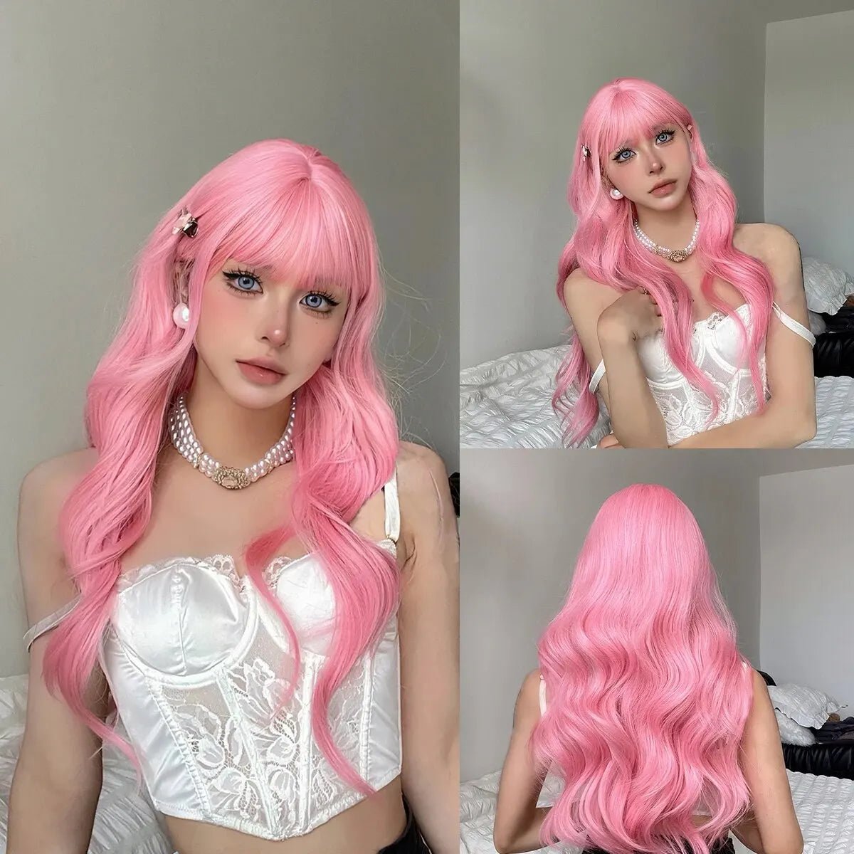 Light Pink Long Wavy Cosplay Wig with Bangs - HairNjoy