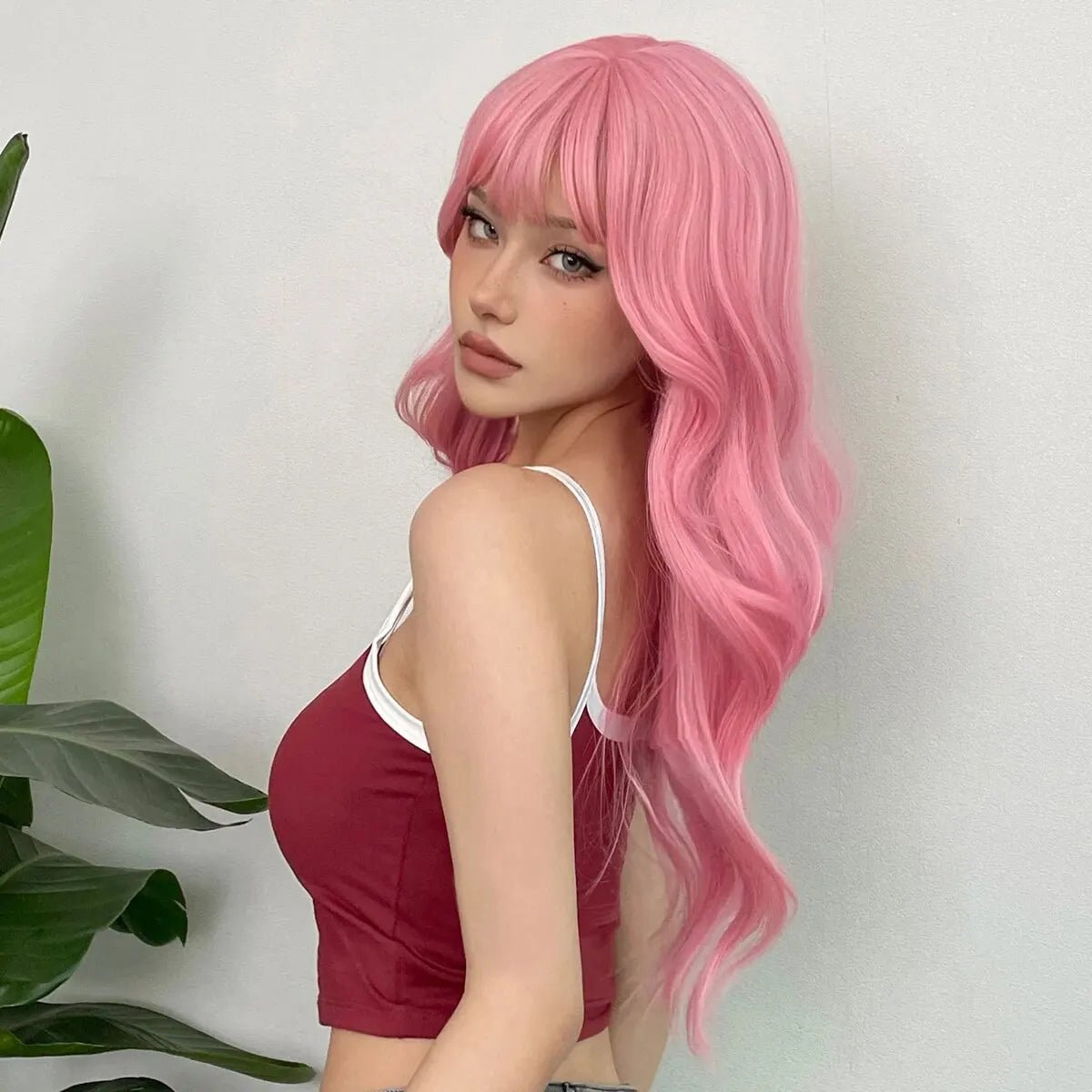 Light Pink Long Wavy Cosplay Wig with Bangs - HairNjoy