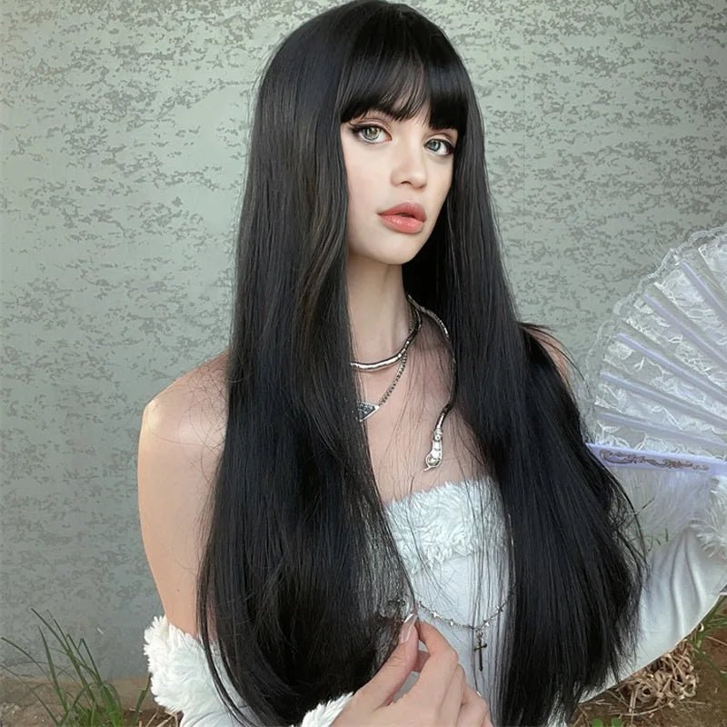 Long Black Straight Wig with Bangs - HairNjoy