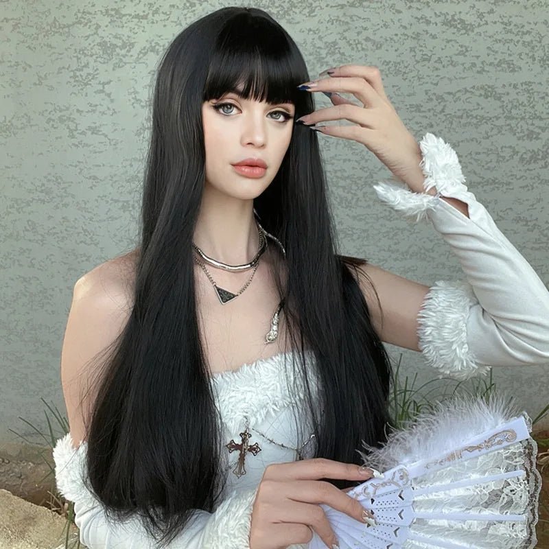 Long Black Straight Wig with Bangs - HairNjoy