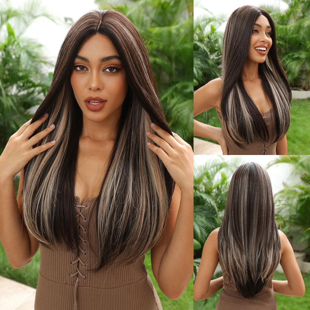 Long Brown White Lace Front Wig - HairNjoy