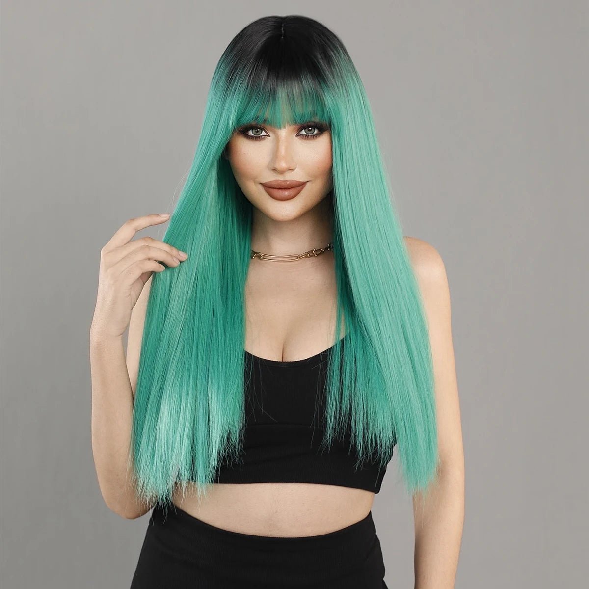 Long Grass Green Wig with Bangs - HairNjoy