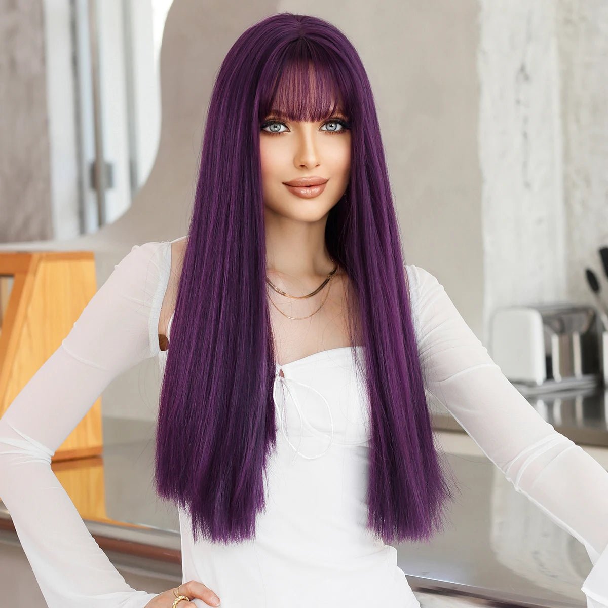 Long Straight Purple Fiber Wig - HairNjoy