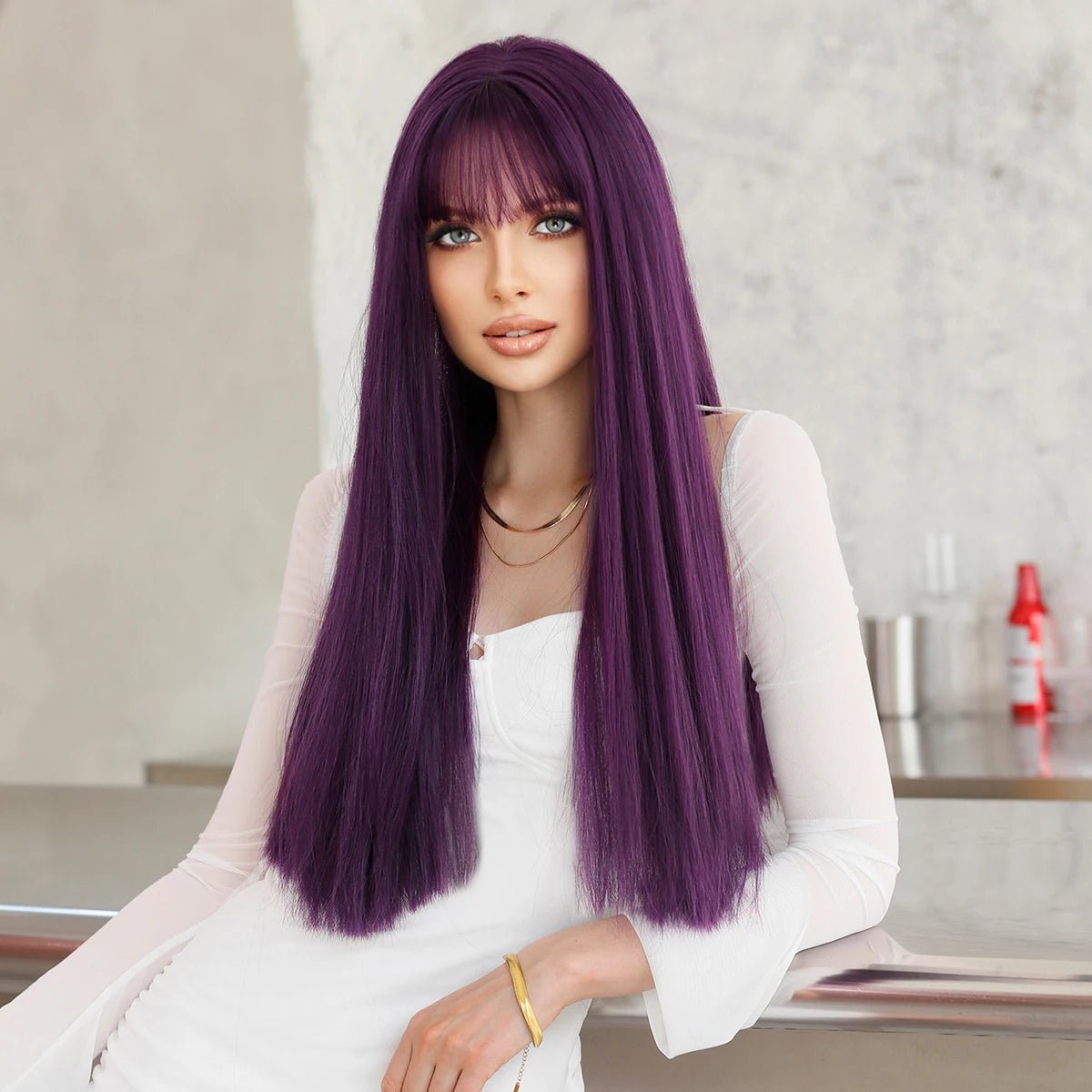 Long Straight Purple Fiber Wig - HairNjoy