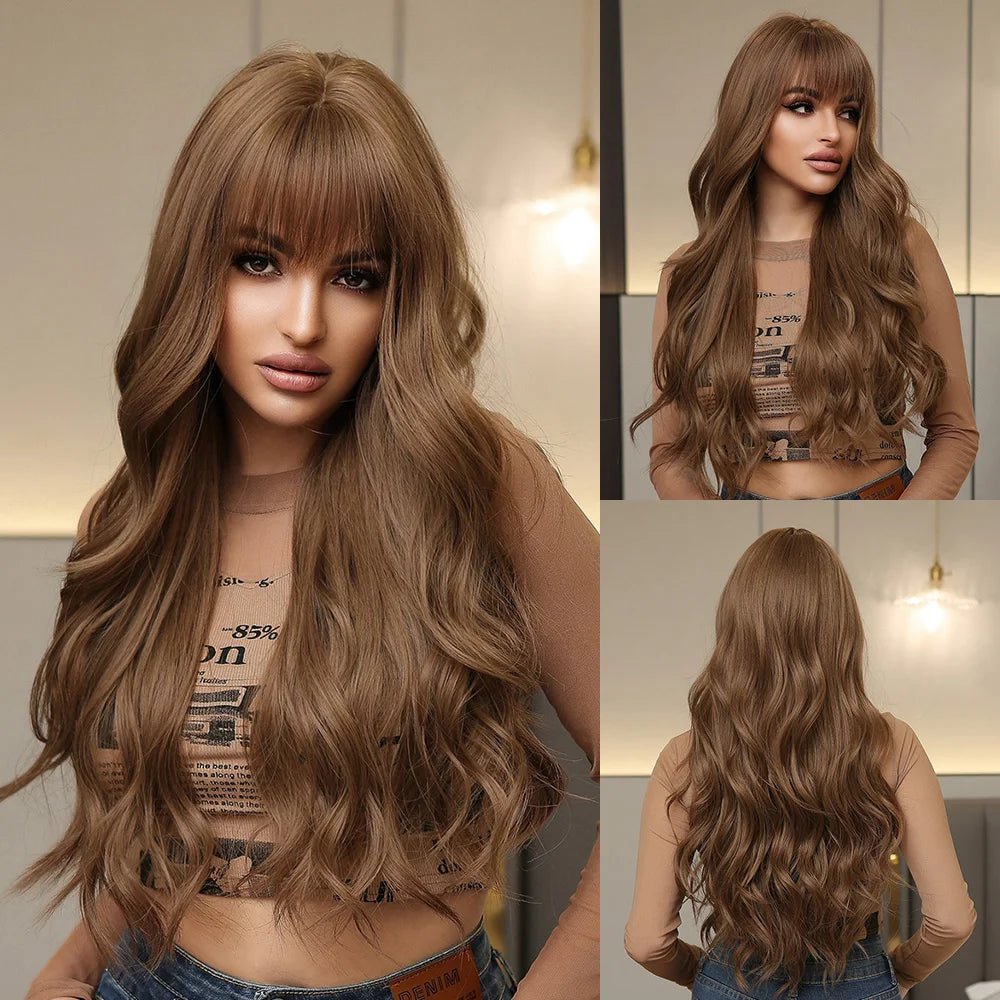 Long Wavy Brown Highlight Wig with Bangs - HairNjoy