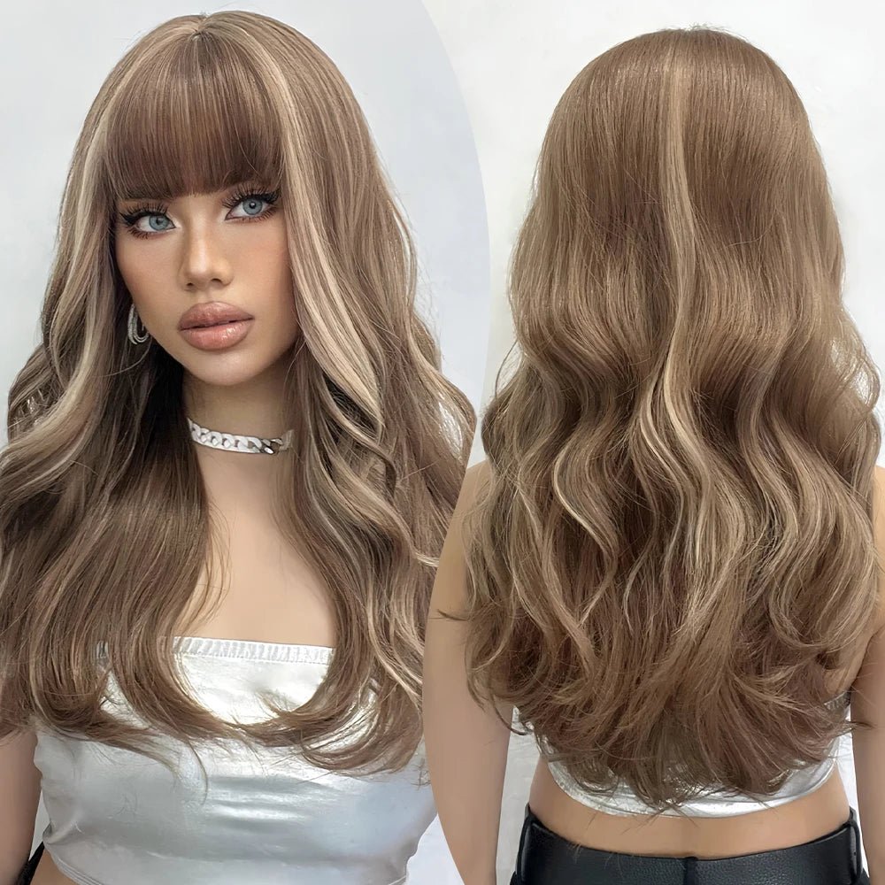 Long Wavy Brown Highlight Wig with Bangs - HairNjoy