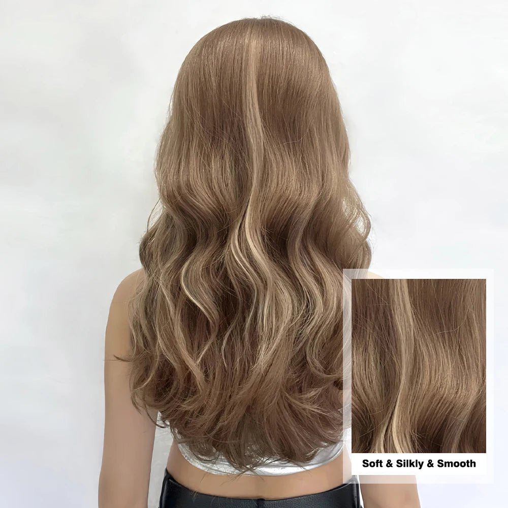 Long Wavy Brown Highlight Wig with Bangs - HairNjoy