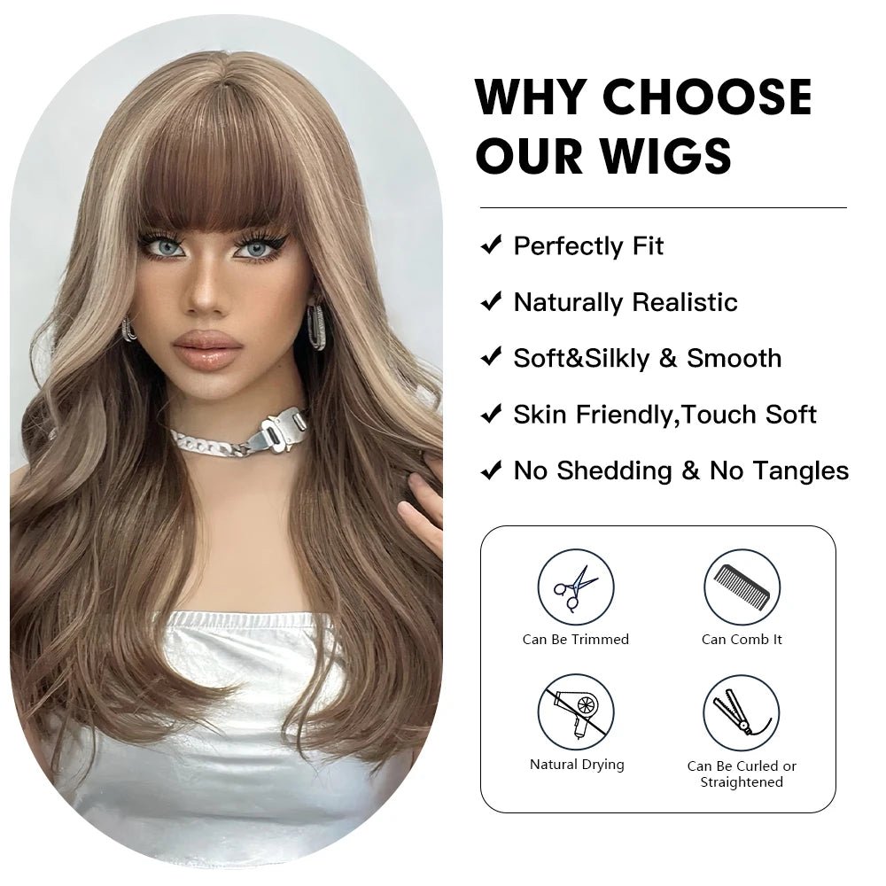 Long Wavy Brown Highlight Wig with Bangs - HairNjoy