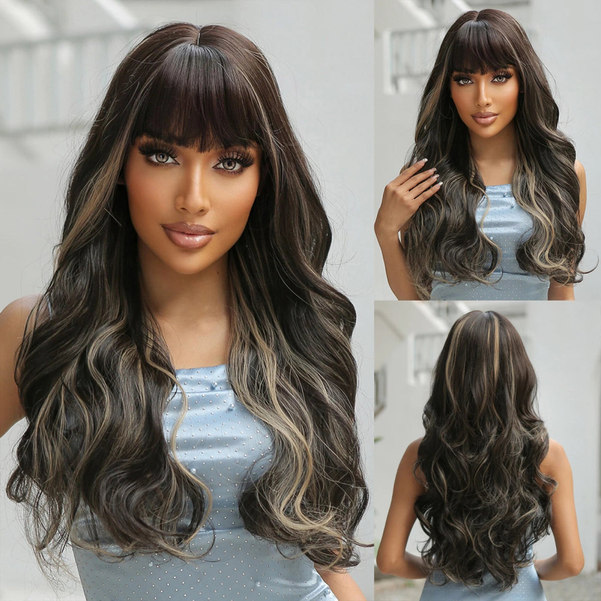Long Wavy Brown Highlight Wig with Bangs - HairNjoy
