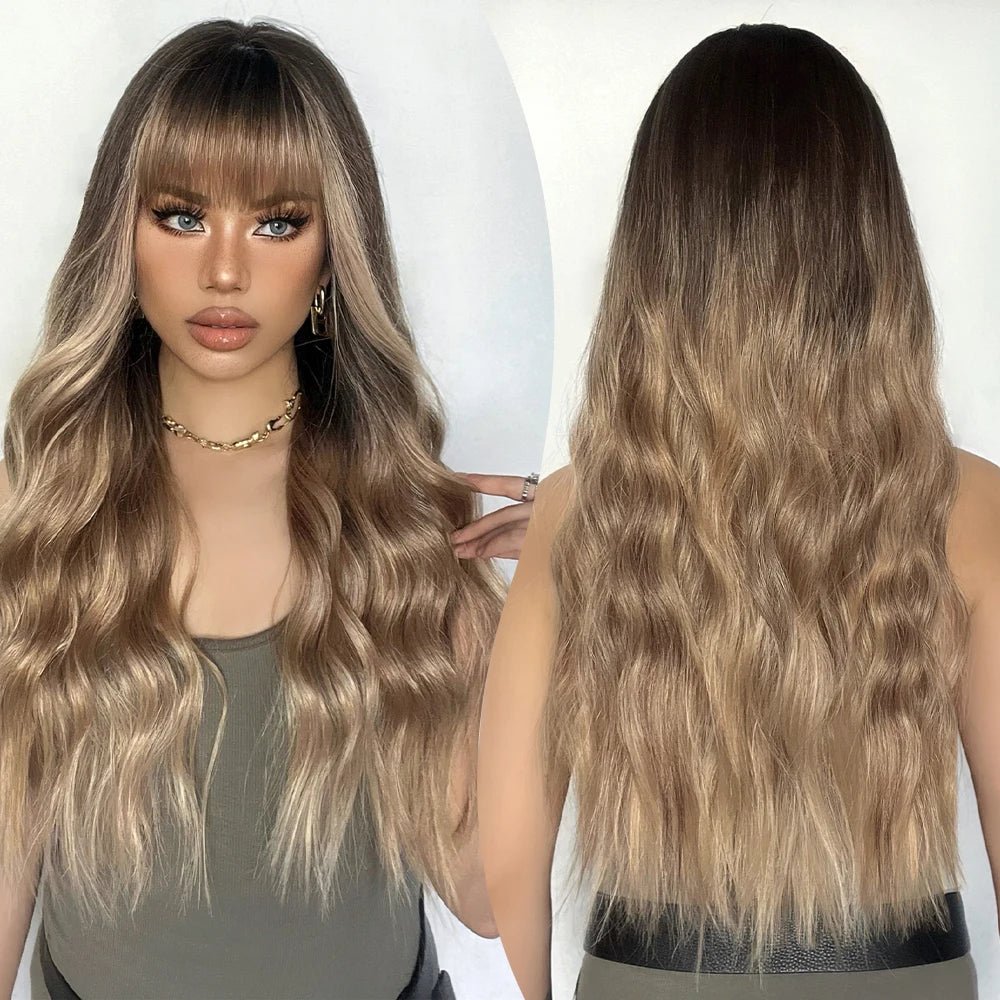 Long Wavy Brown Highlight Wig with Bangs - HairNjoy