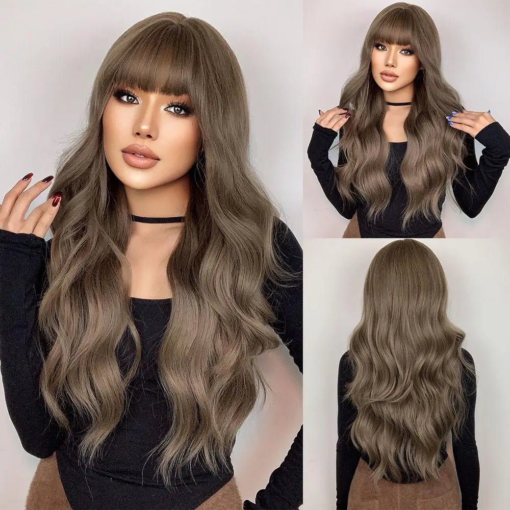 Long Wavy Brown Highlight Wig with Bangs - HairNjoy