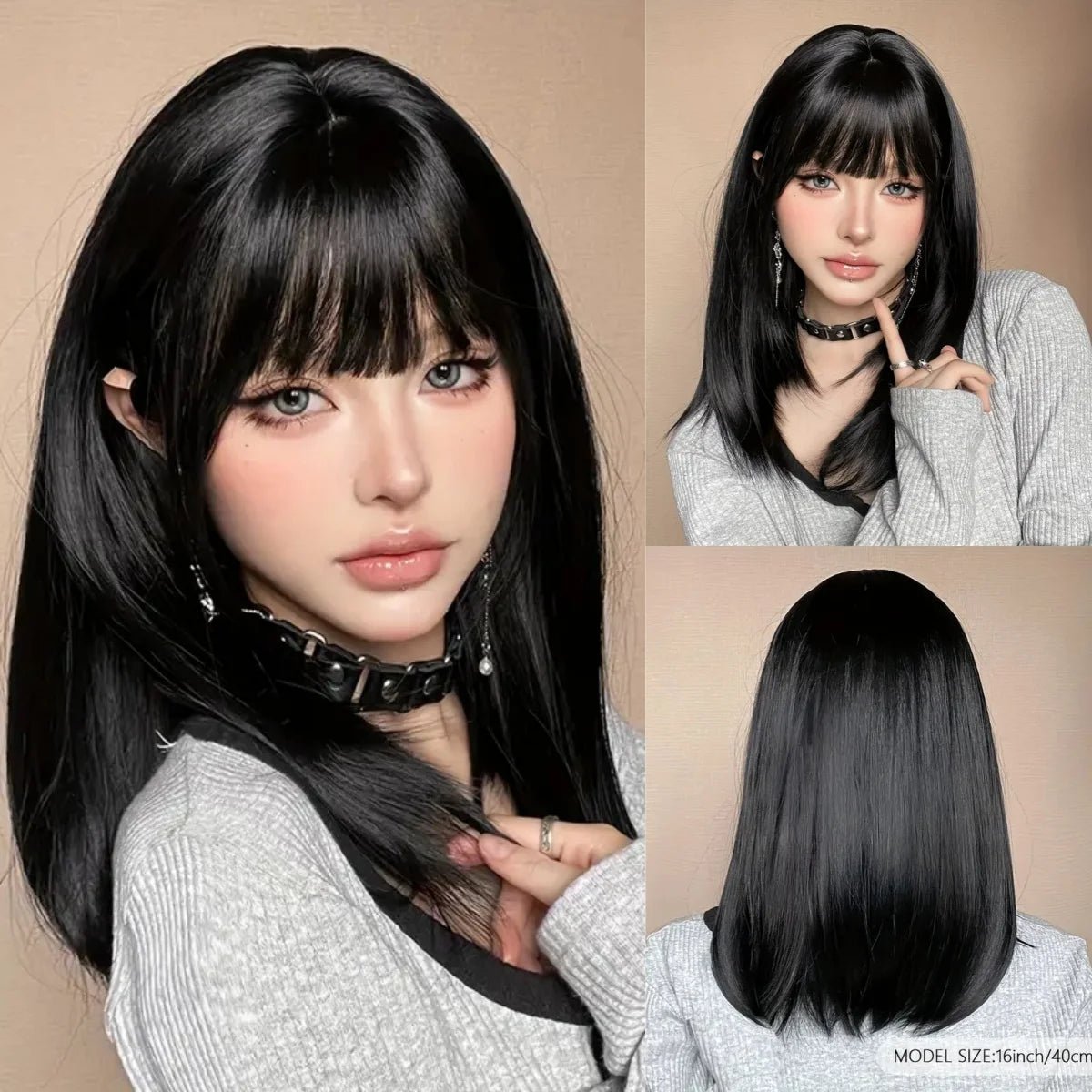 Natural Black Straight Soft Wig with Bangs - HairNjoy