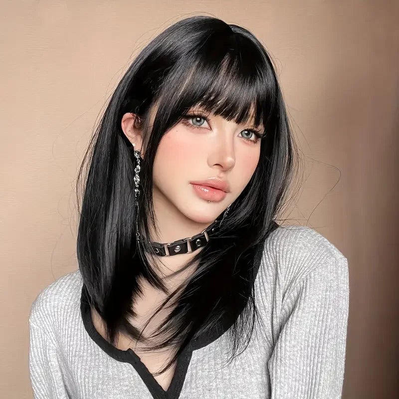 Natural Black Straight Soft Wig with Bangs - HairNjoy