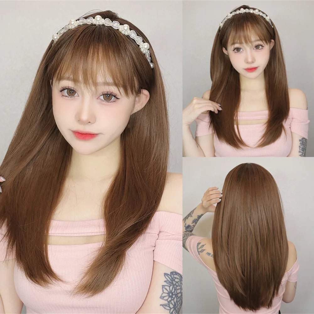 Natural Black Straight Soft Wig with Bangs - HairNjoy