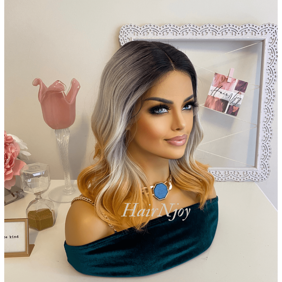 Ombre Black Grey Gold Lace Front Wig - HairNjoy