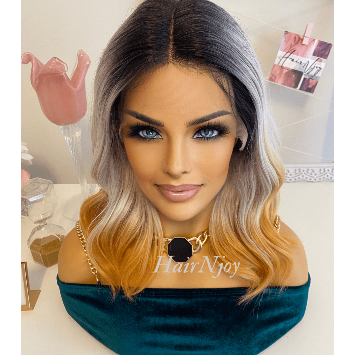 Ombre Black Grey Gold Lace Front Wig - HairNjoy
