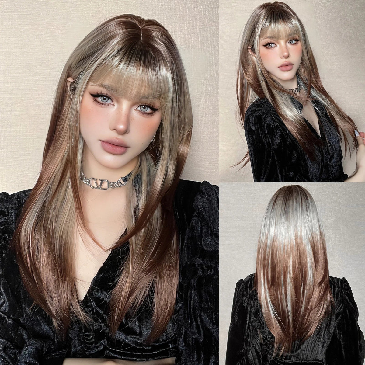 Ombre Blonde Brown Layered Wig with Bangs - HairNjoy