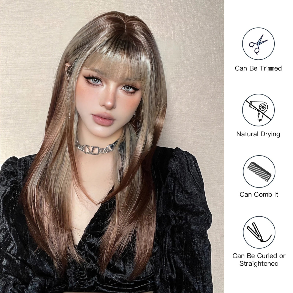 Ombre Blonde Brown Layered Wig with Bangs - HairNjoy