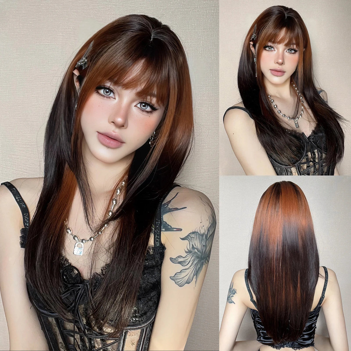 Ombre Blonde Brown Layered Wig with Bangs - HairNjoy
