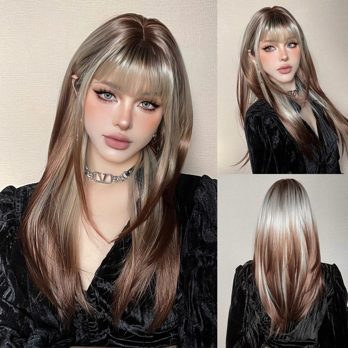 Ombre Blonde Brown Layered Wig with Bangs - HairNjoy