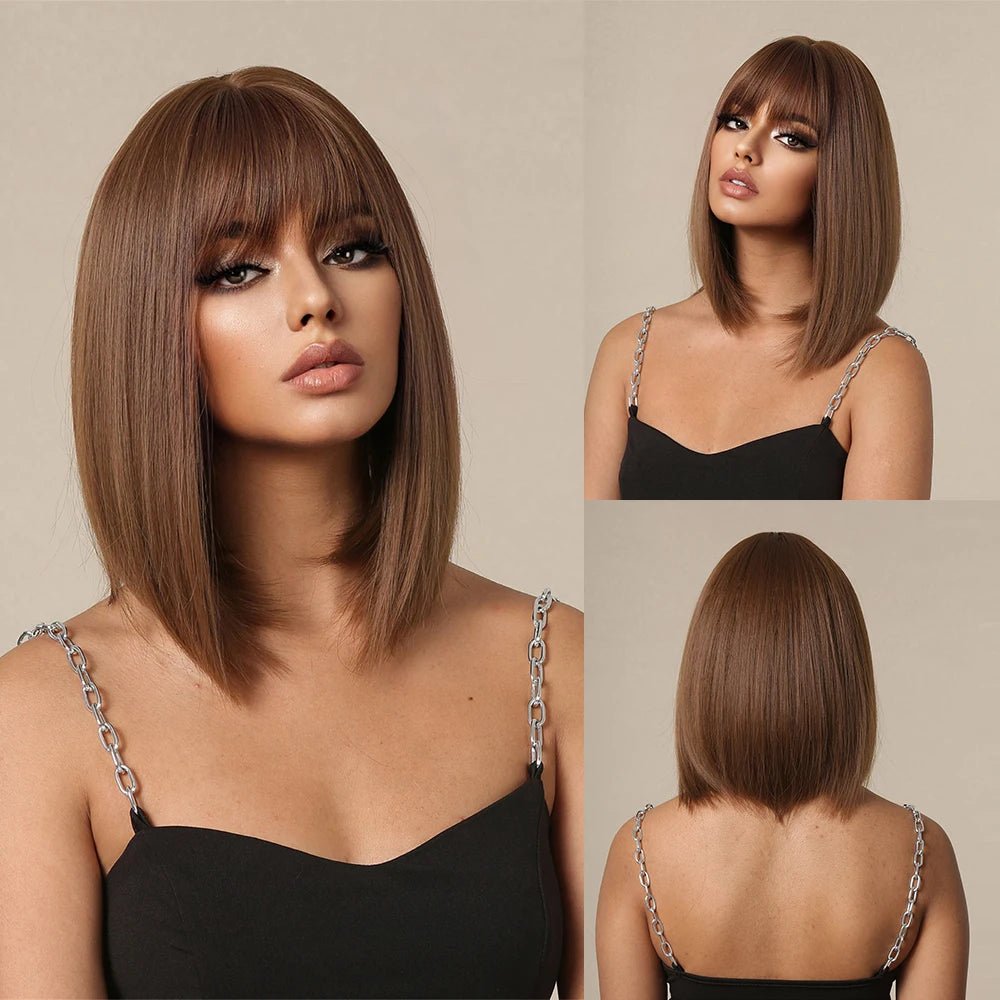 Ombre Brown Blonde Short Bob Wig with Bangs - HairNjoy