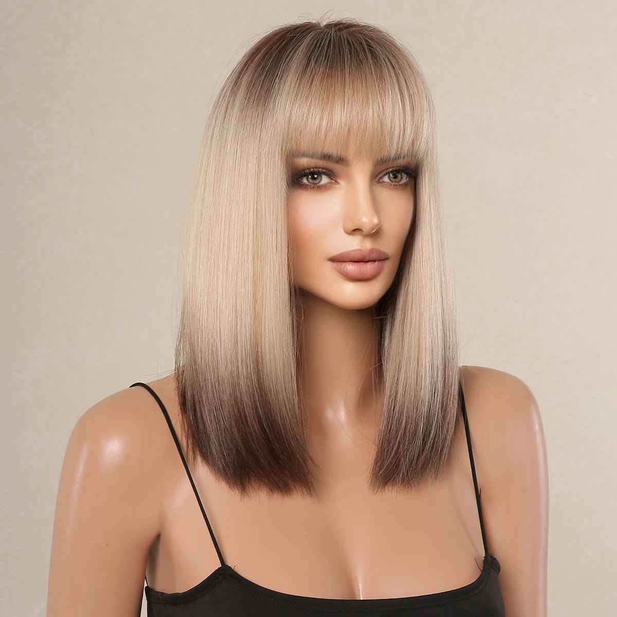 Ombre Brown Blonde Short Bob Wig with Bangs - HairNjoy