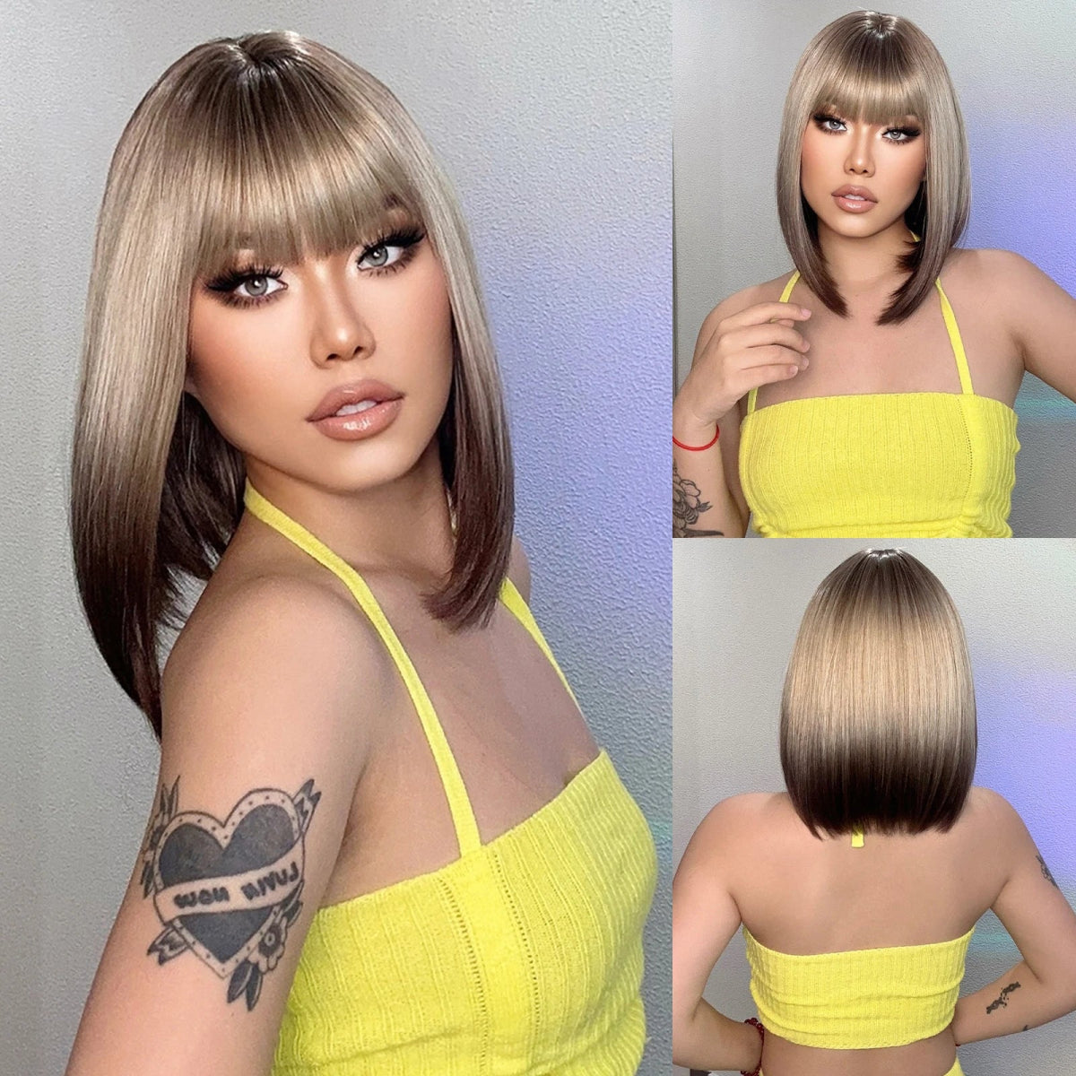 Ombre Brown Blonde Short Bob Wig with Bangs - HairNjoy