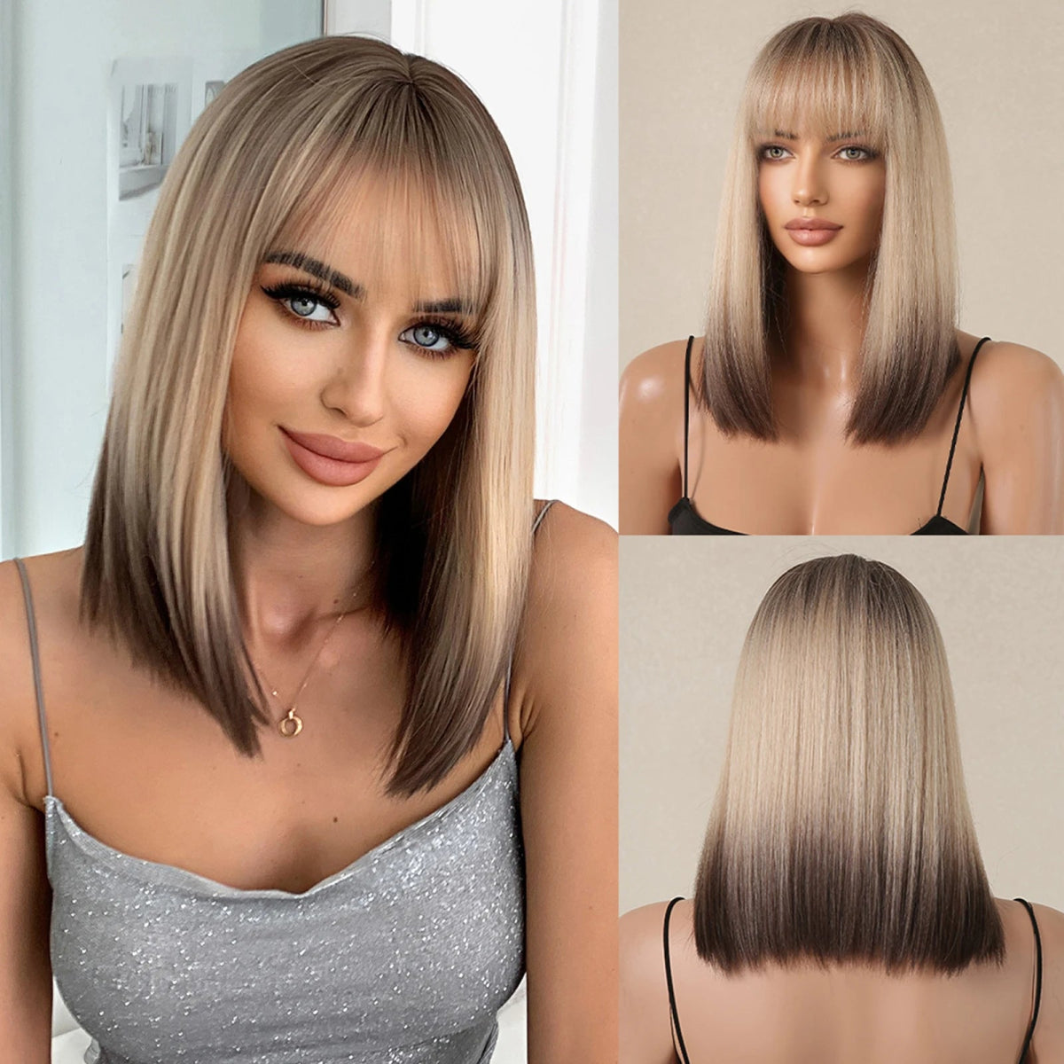 Ombre Brown Blonde Short Bob Wig with Bangs - HairNjoy