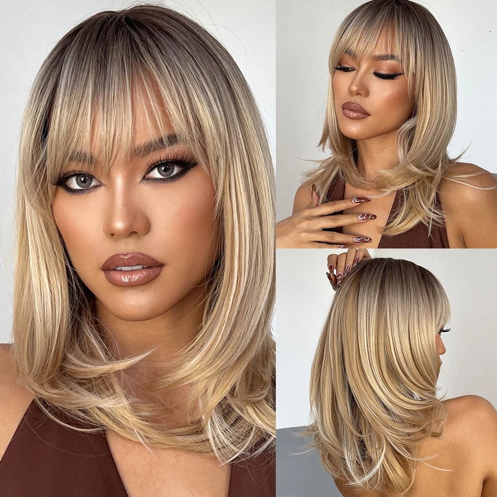 Ombre Brown Medium Wig with Bangs - HairNjoy