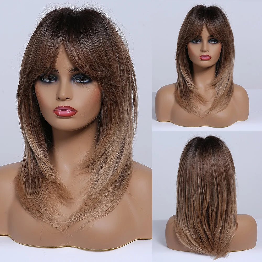 Ombre Brown Medium Wig with Bangs - HairNjoy