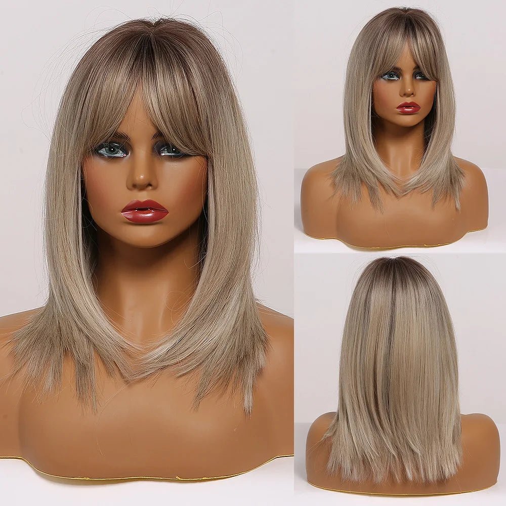 Ombre Brown Medium Wig with Bangs - HairNjoy