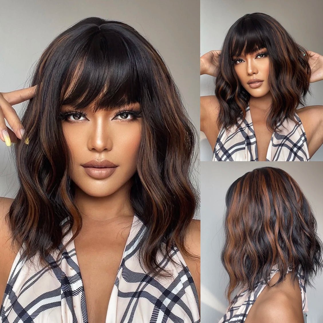Ombre Brown Medium Wig with Bangs - HairNjoy