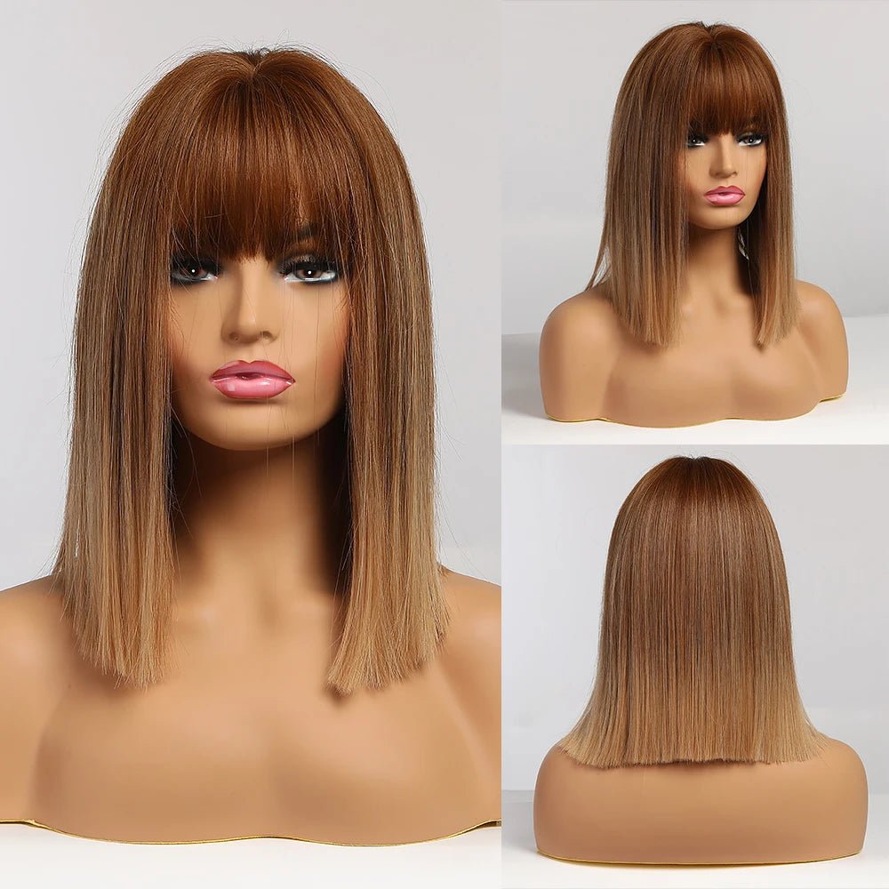 Ombre Brown Medium Wig with Bangs - HairNjoy