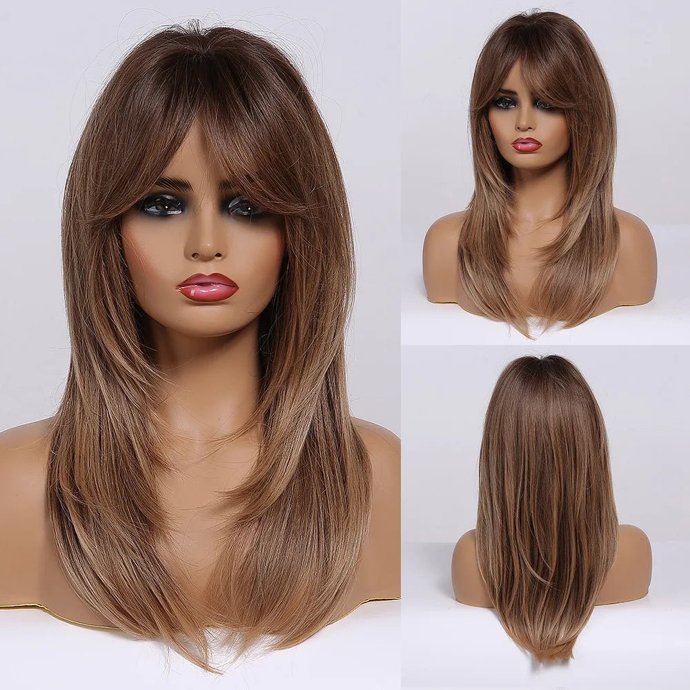 Ombre Brown Medium Wig with Bangs - HairNjoy