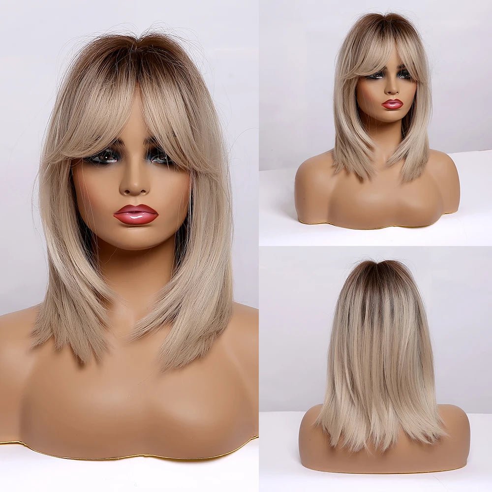 Ombre Brown Medium Wig with Bangs - HairNjoy