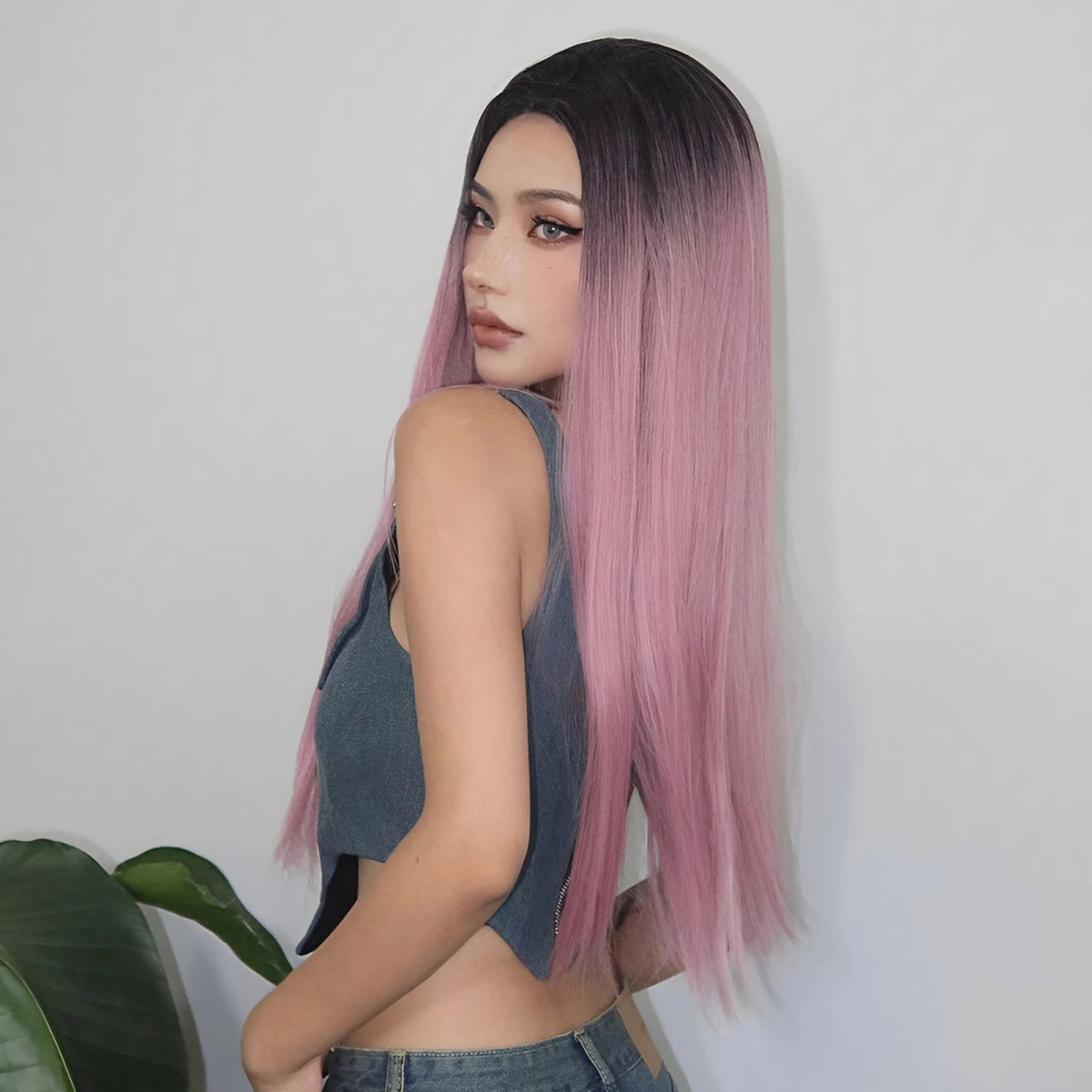 Ombre Pink Long Straight Wig with Dark Roots - HairNjoy